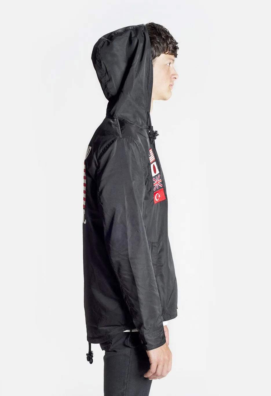 Four Flag Worldwide Hooded Windbreaker Coach Jacket in Black