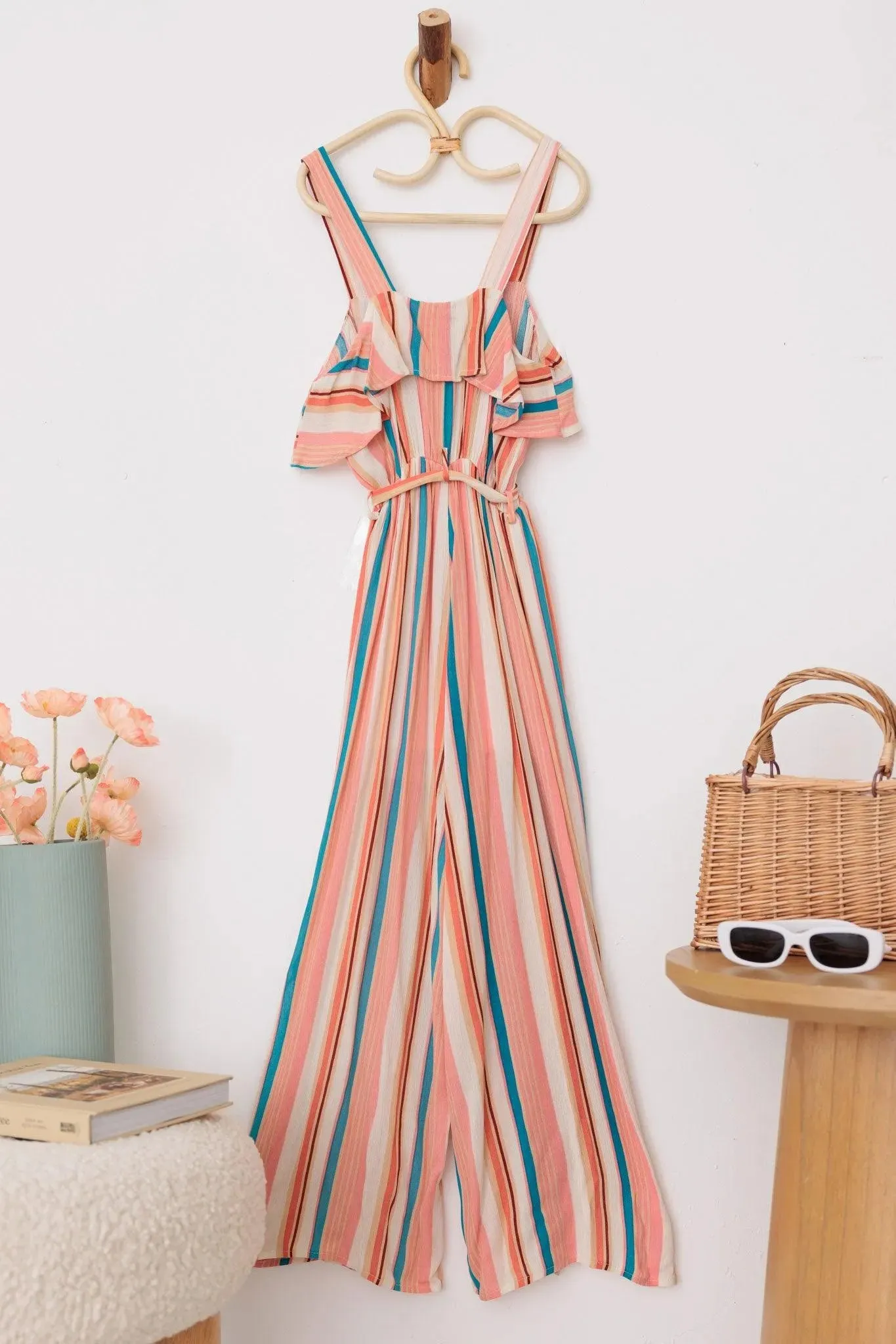 Girls Boho Striped Sleeveless Belted Ruffle Jumpsuit