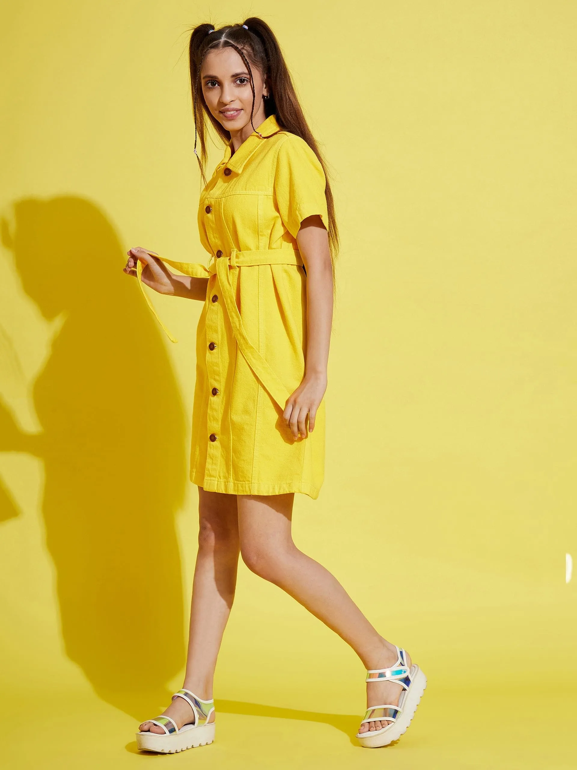 Girls Yellow Front Button Denim Shirt Dress - Lyush Kids