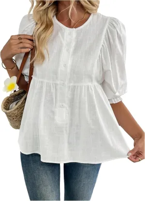 GORGLITTER Women's Button Up Ruffle Blouse Puff Sleeve Frill Trim Crewneck Peplum Shirts