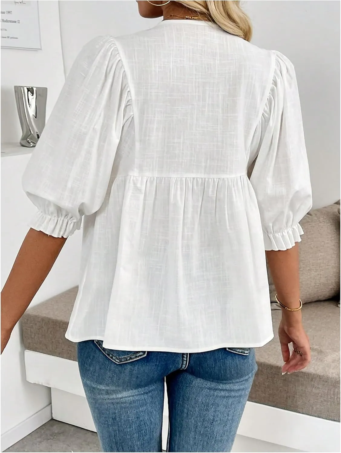 GORGLITTER Women's Button Up Ruffle Blouse Puff Sleeve Frill Trim Crewneck Peplum Shirts