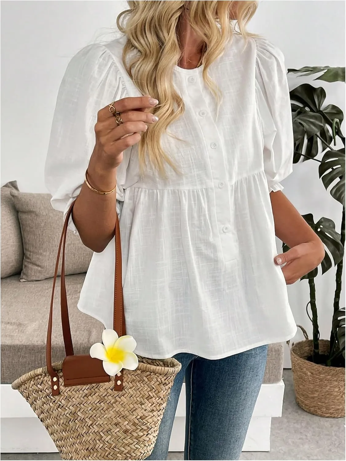GORGLITTER Women's Button Up Ruffle Blouse Puff Sleeve Frill Trim Crewneck Peplum Shirts