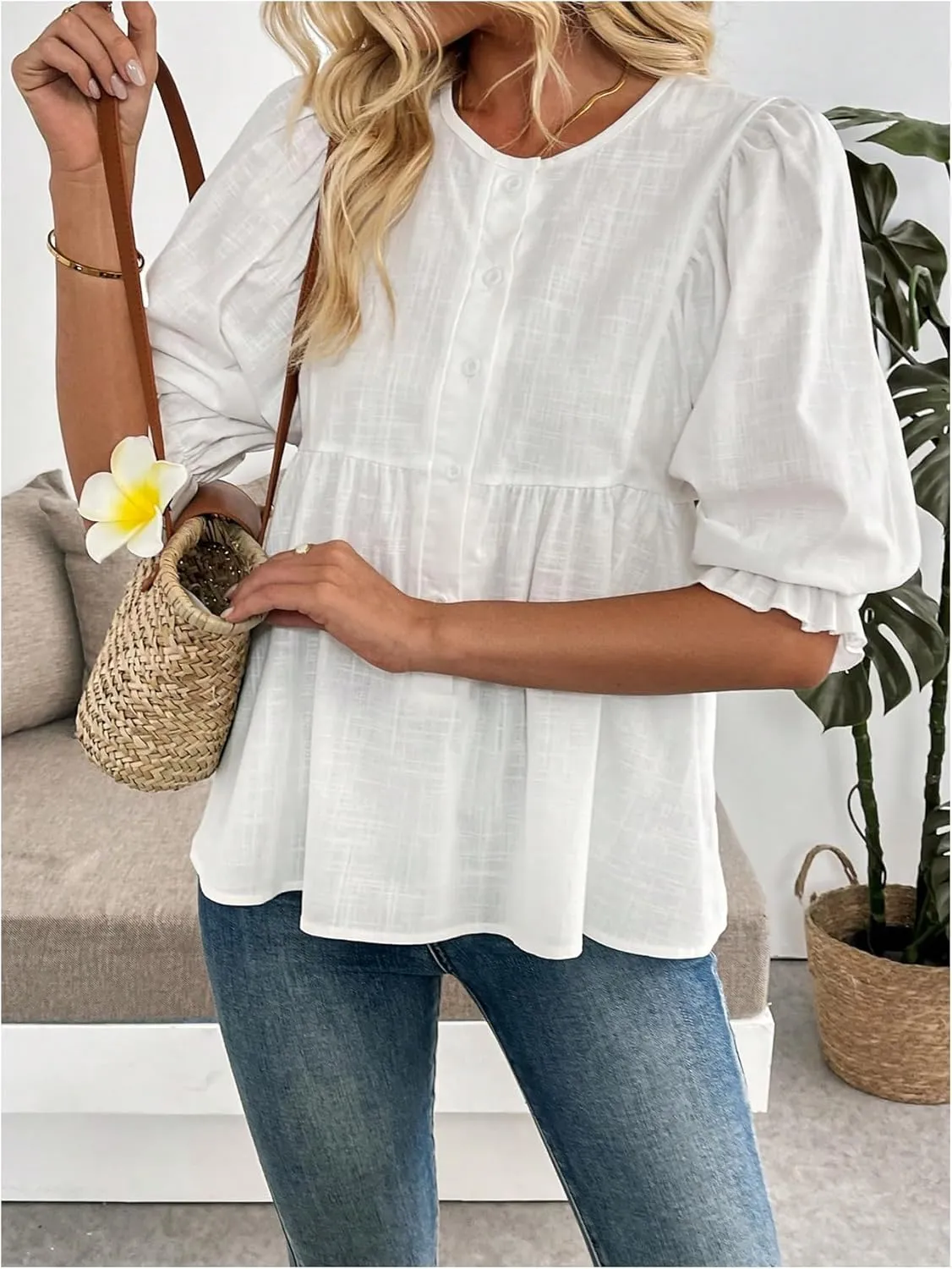GORGLITTER Women's Button Up Ruffle Blouse Puff Sleeve Frill Trim Crewneck Peplum Shirts
