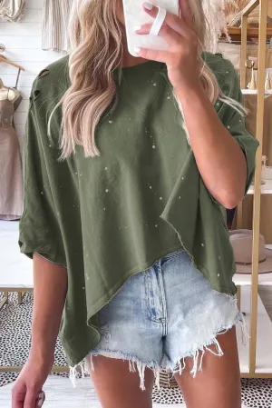 Green Distressed Bleached Asymmetric Hem Top