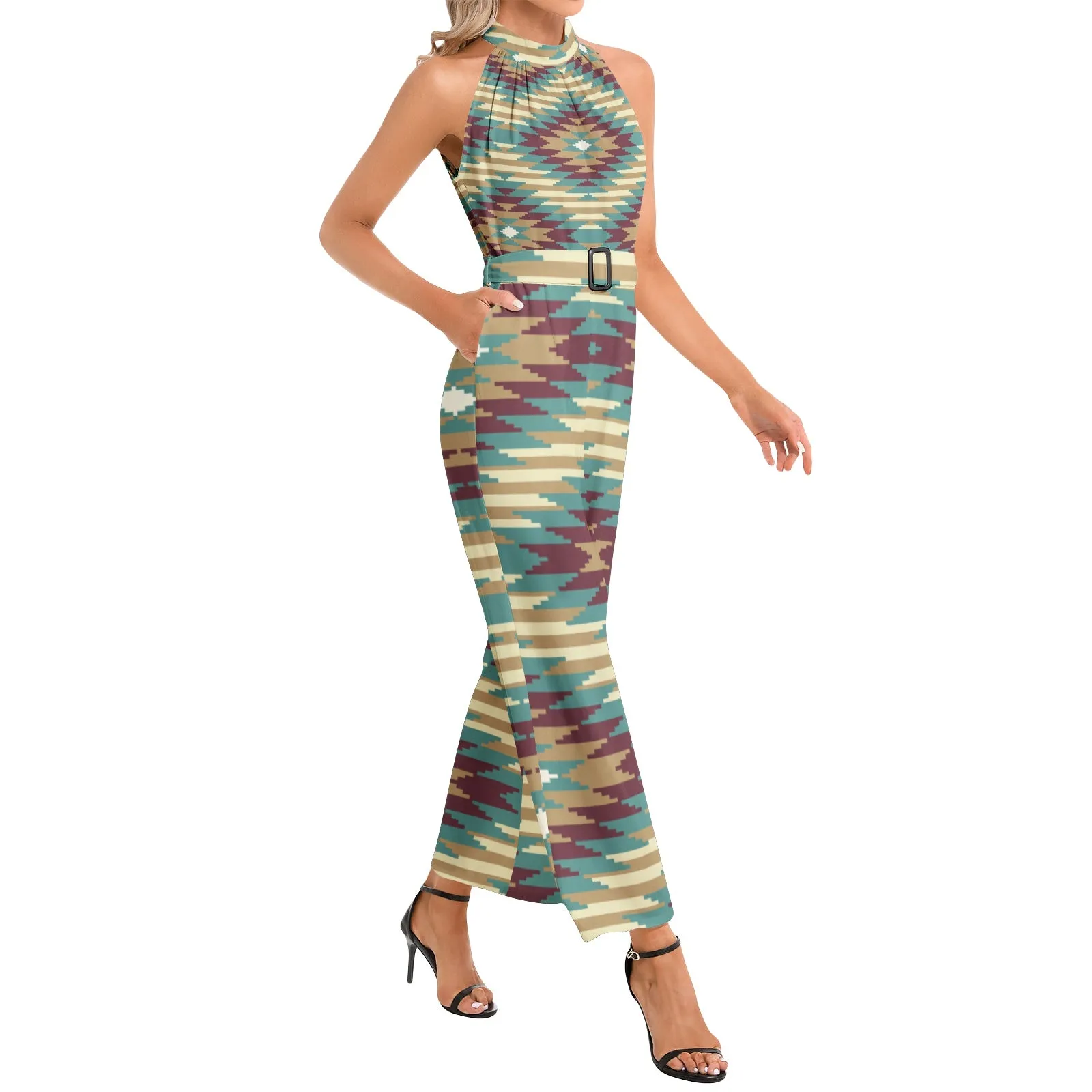 Halter Neck Buckle Belted Jumpsuit