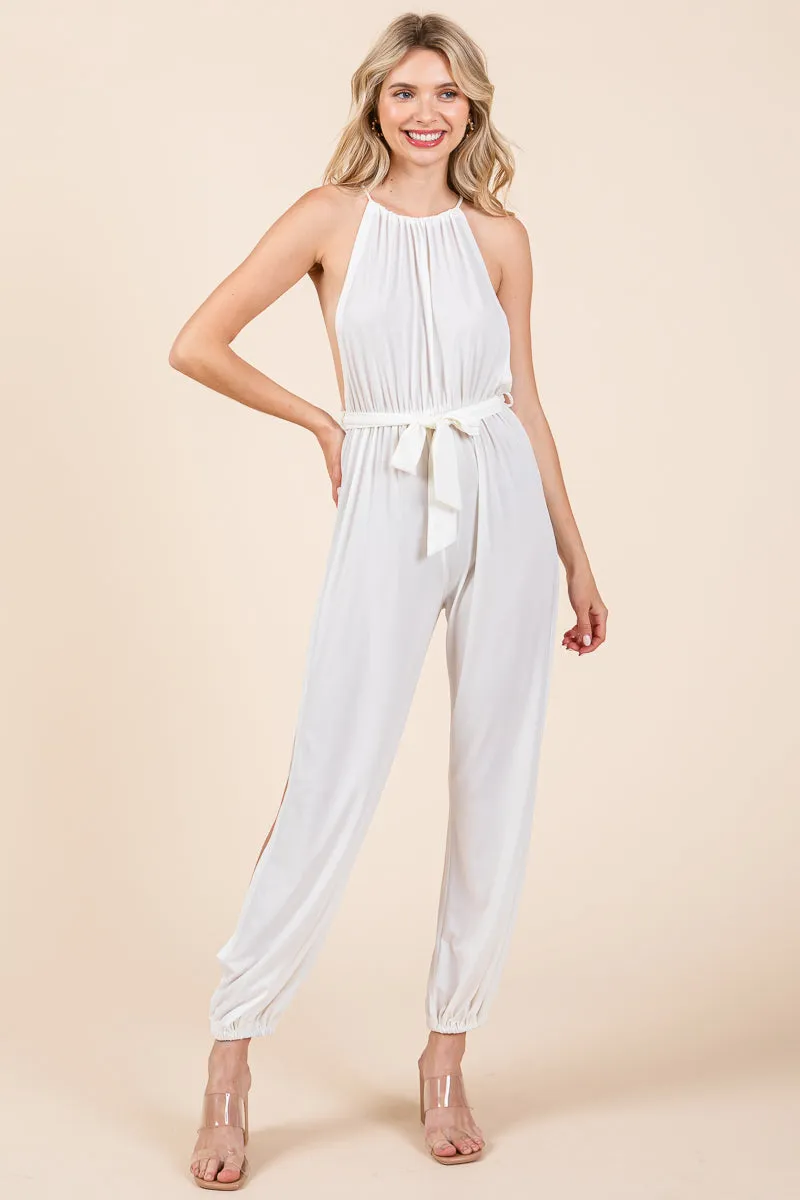 Halter Neck Shirred Belted Split Leg Jumpsuit