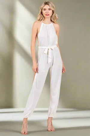 Halter Neck Shirred Belted Split Leg Jumpsuit