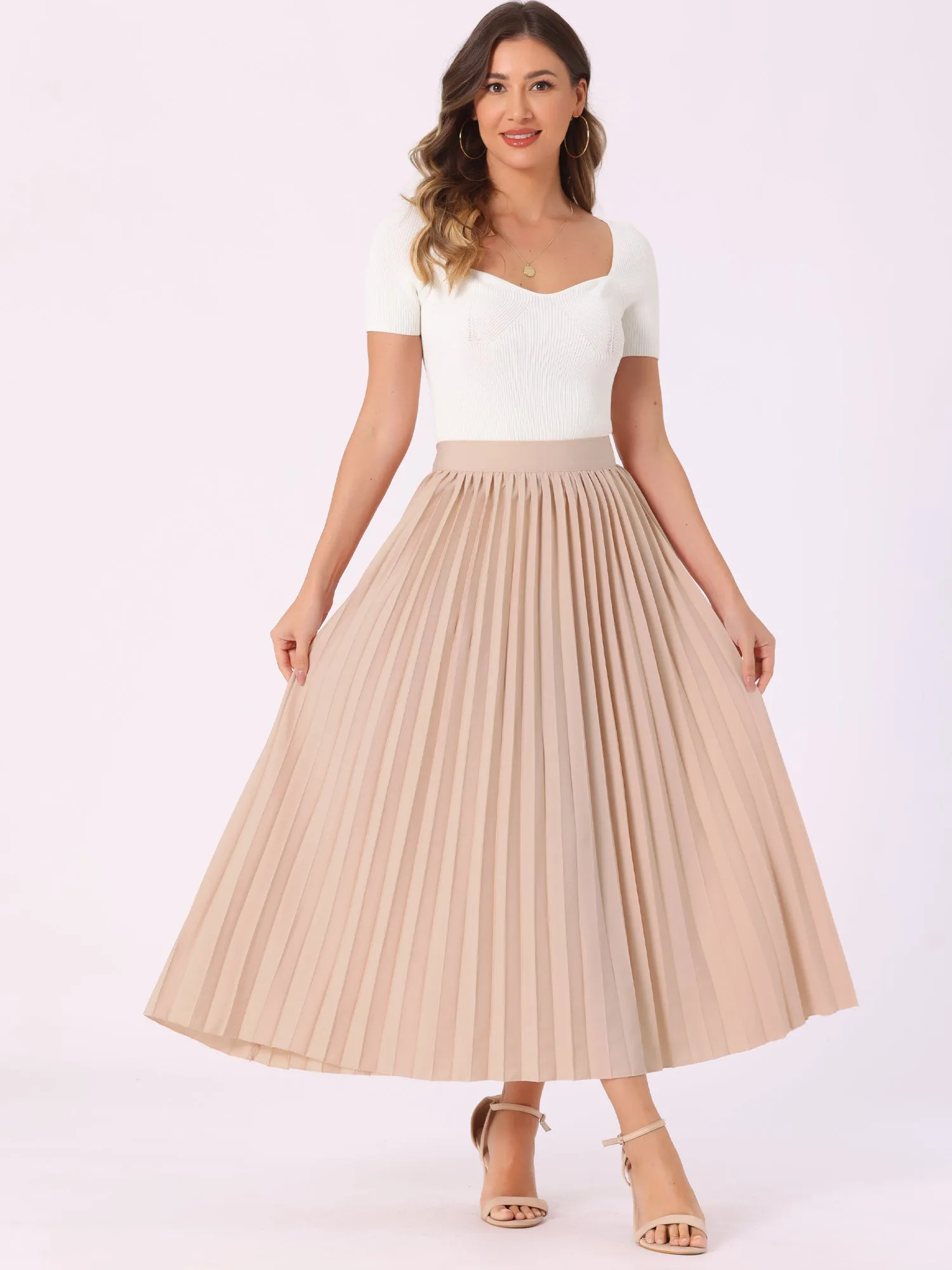 High Waist Side Zipper Casual Flowy Pleated Midi Skirt