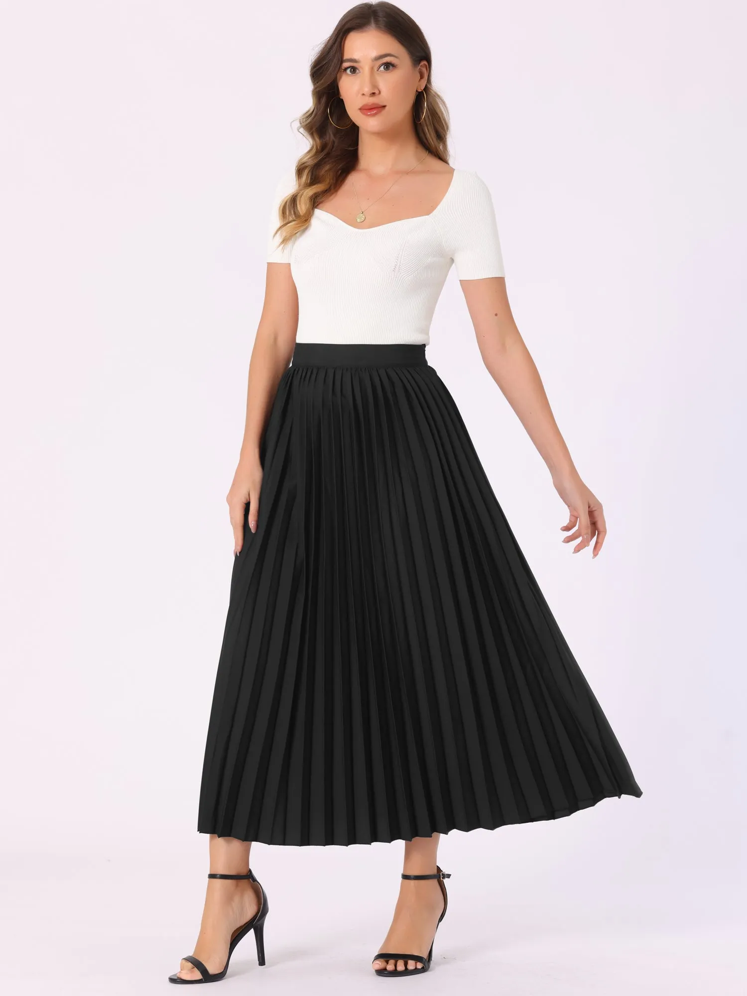 High Waist Side Zipper Casual Flowy Pleated Midi Skirt