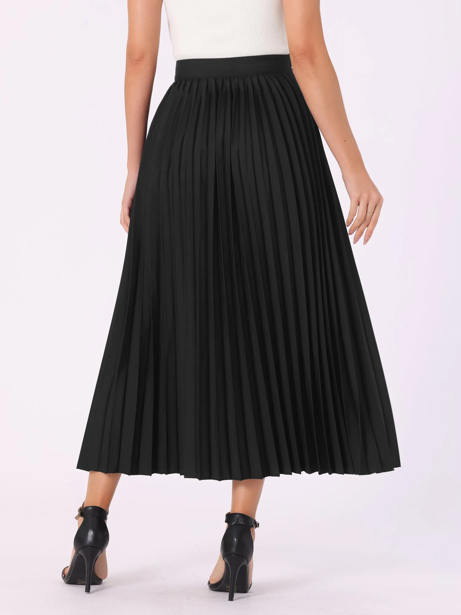 High Waist Side Zipper Casual Flowy Pleated Midi Skirt