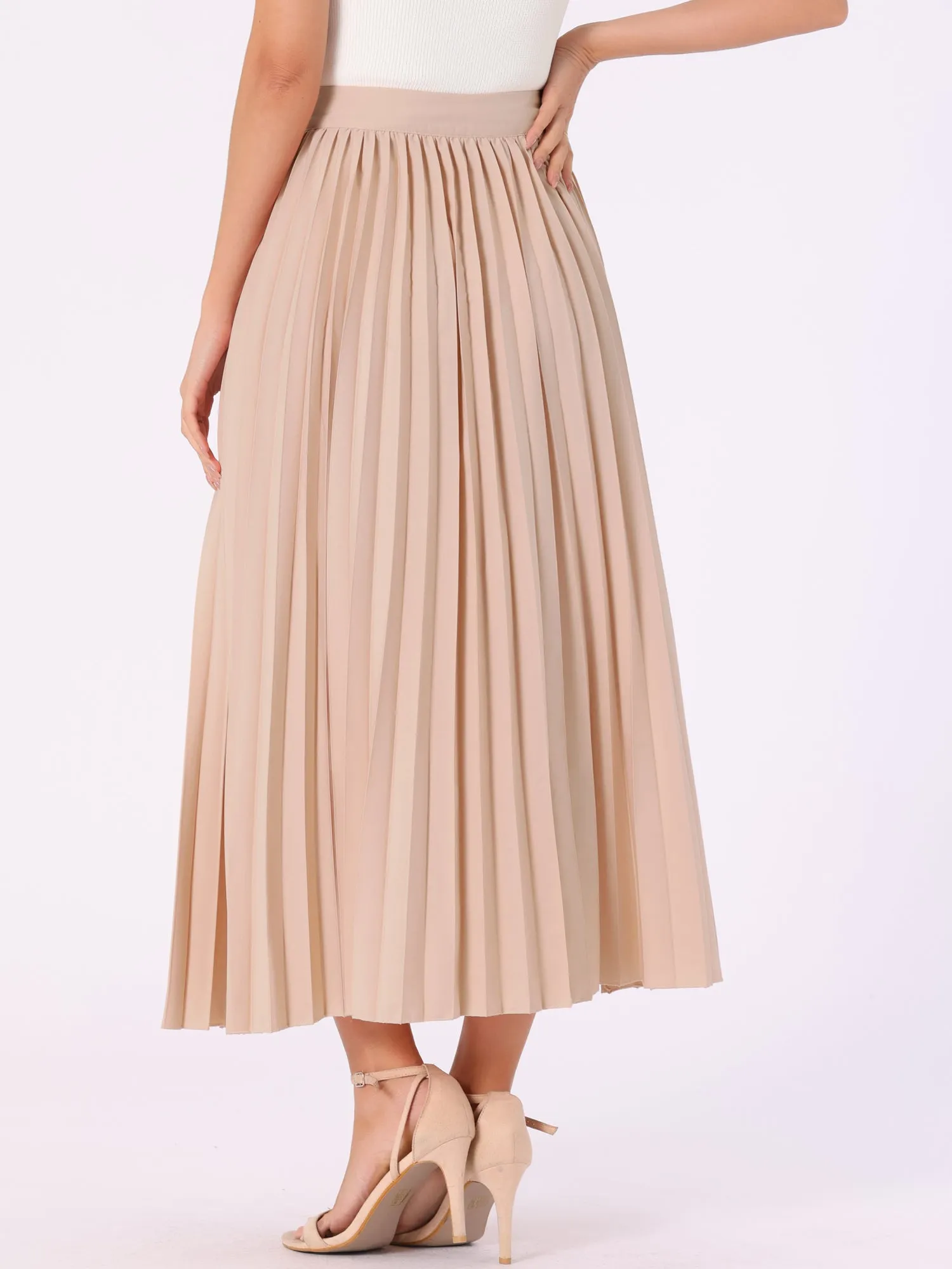 High Waist Side Zipper Casual Flowy Pleated Midi Skirt