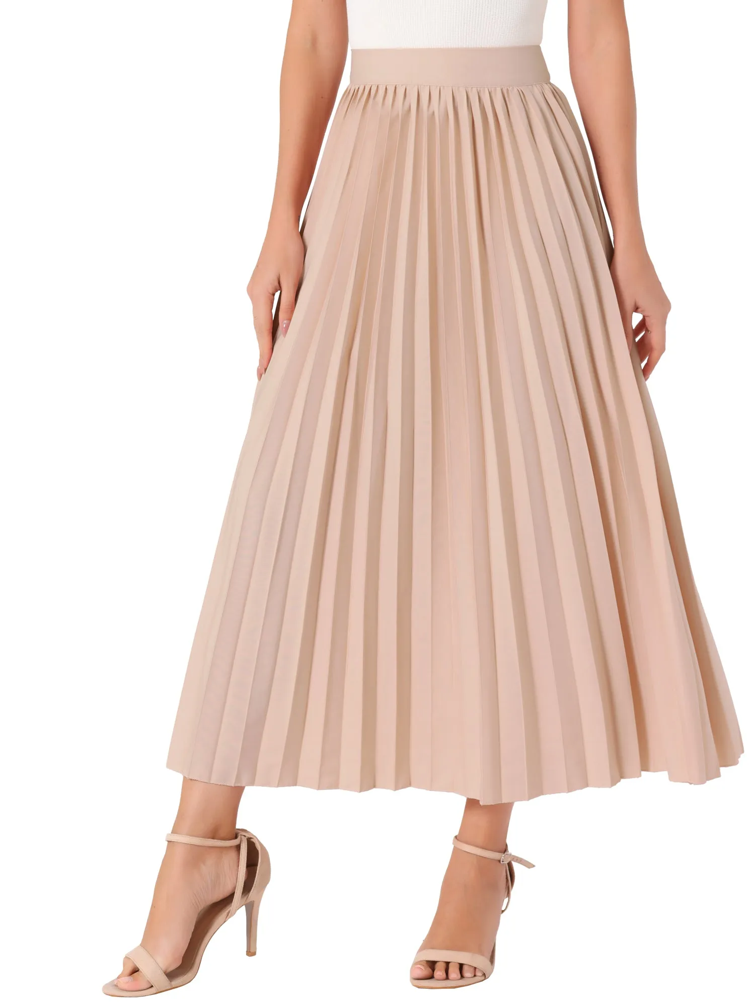 High Waist Side Zipper Casual Flowy Pleated Midi Skirt