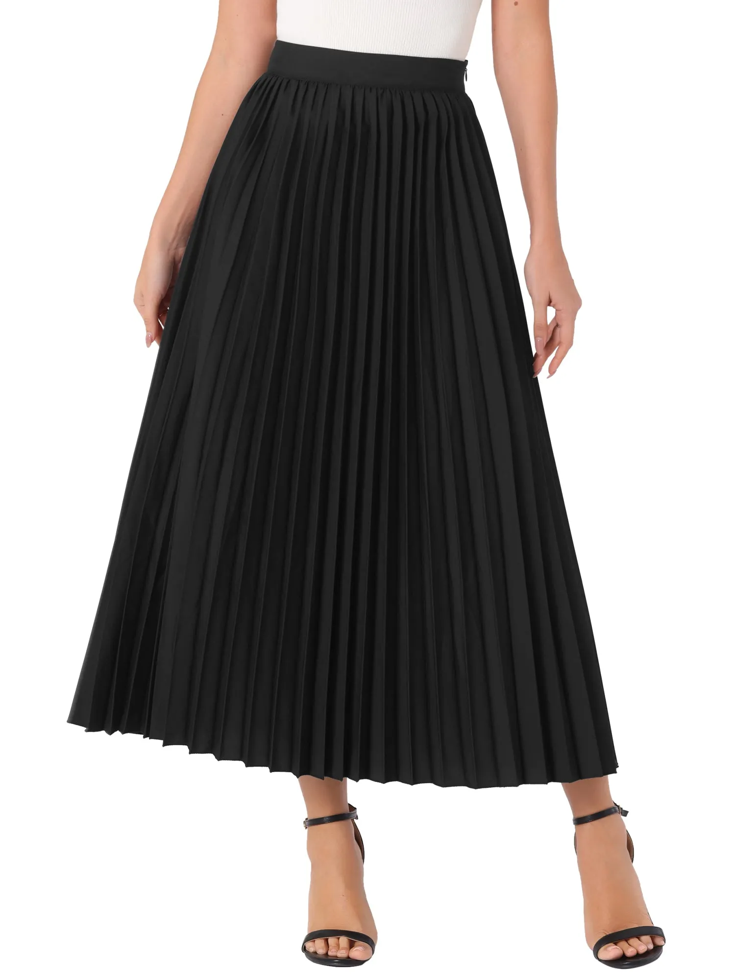 High Waist Side Zipper Casual Flowy Pleated Midi Skirt