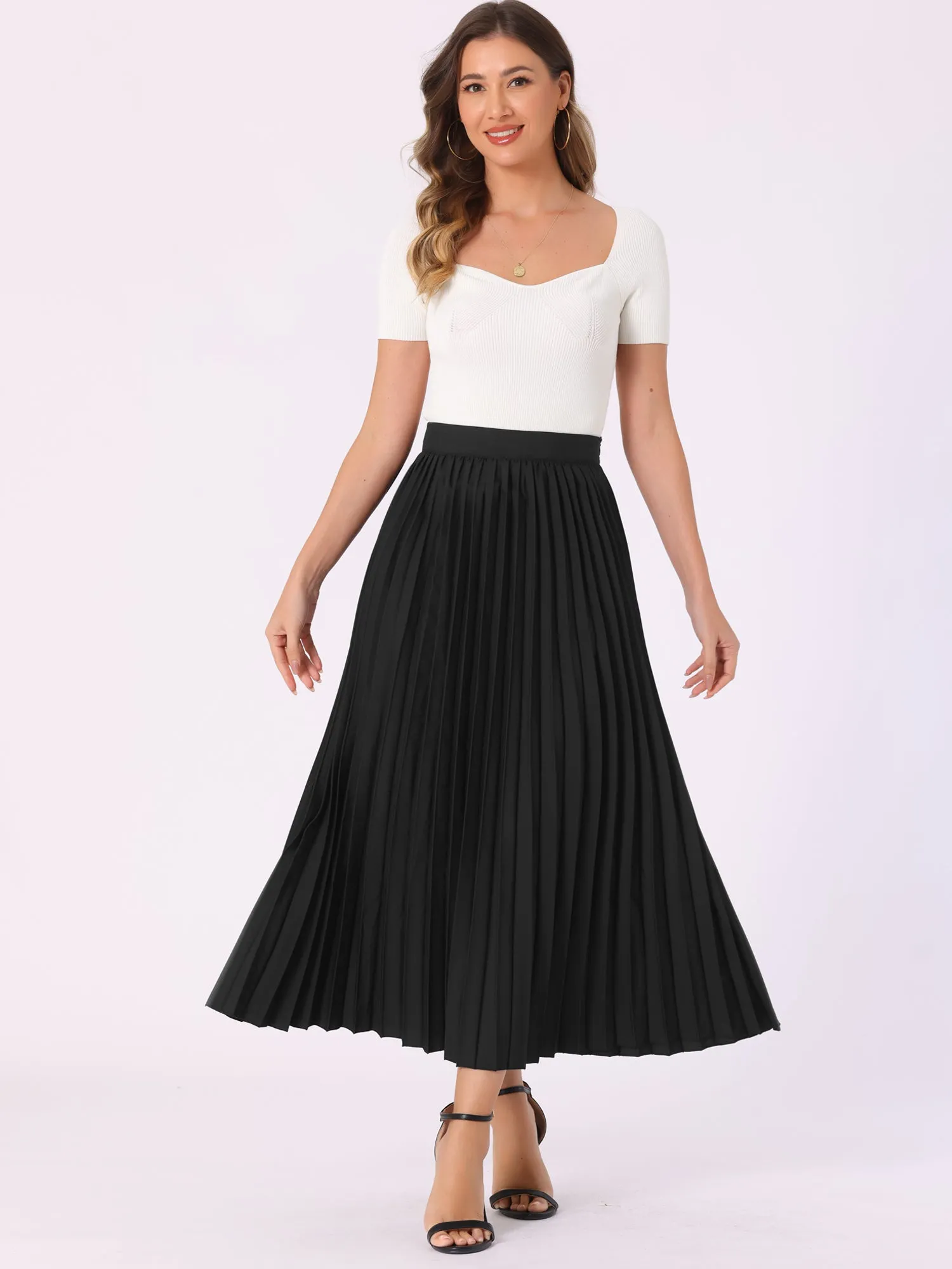 High Waist Side Zipper Casual Flowy Pleated Midi Skirt