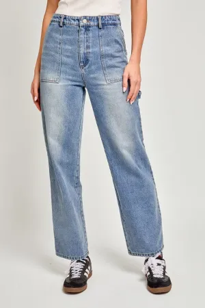 High Waisted Straight Leg Cargo Pocket Jeans