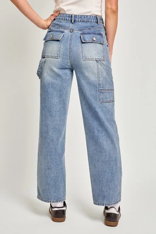 High Waisted Straight Leg Cargo Pocket Jeans
