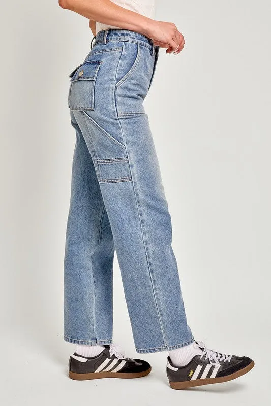 High Waisted Straight Leg Cargo Pocket Jeans