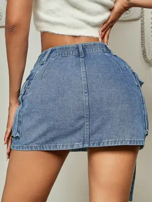 Jumppmile Womens Cargo Denim Skirt Mid Waist Mini Dress Casual Street Low Waist Cargo Jean Skirt Blue Small