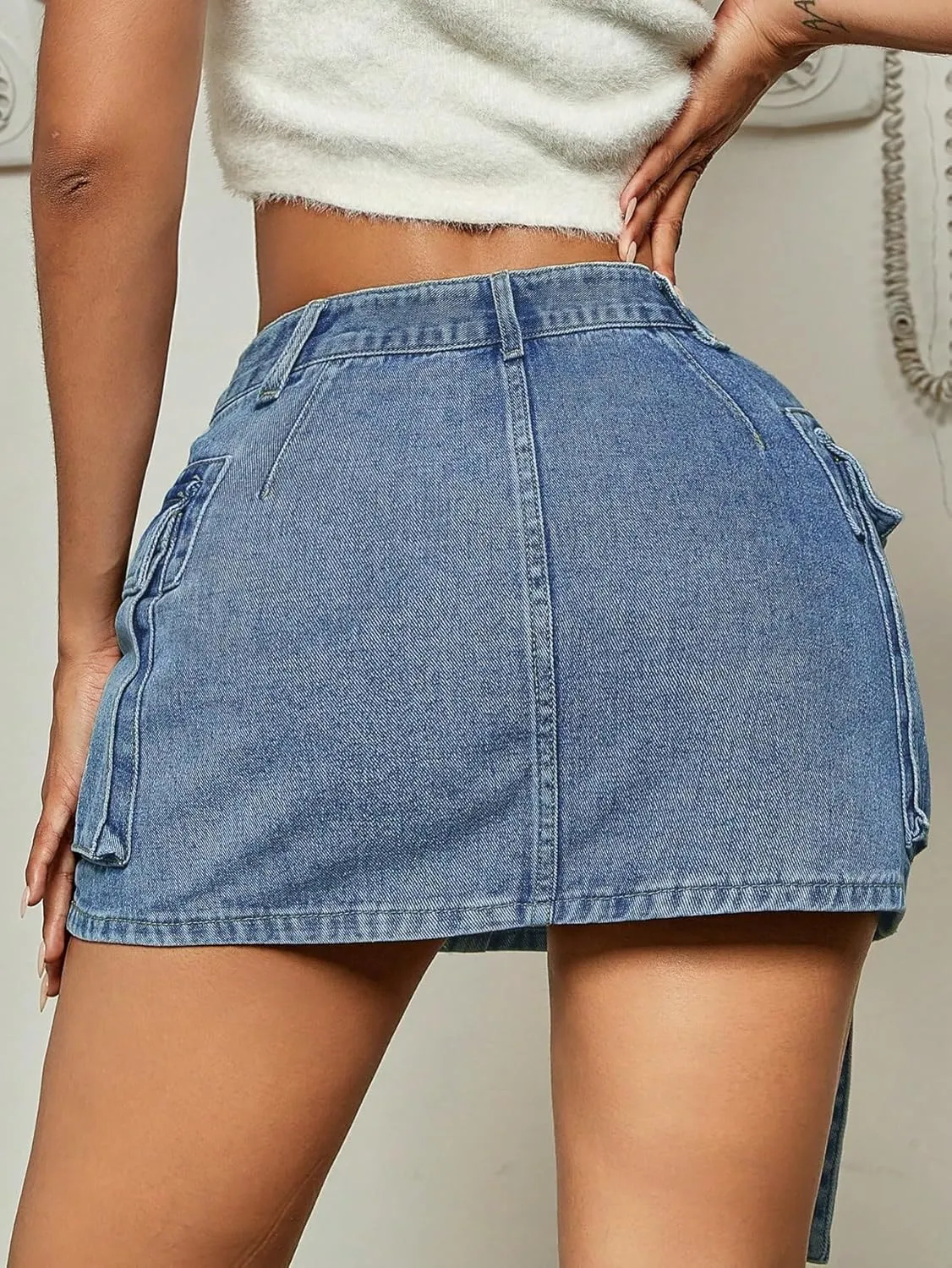 Jumppmile Womens Cargo Denim Skirt Mid Waist Mini Dress Casual Street Low Waist Cargo Jean Skirt Blue Small