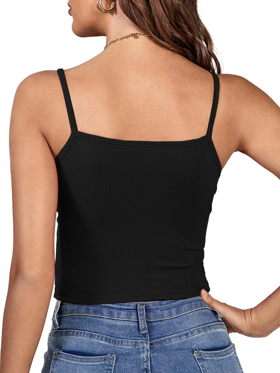 LYANER Women's Twist Knot Front Deep V Neck Rib Knit Sleeveless Cami Tank Crop Top