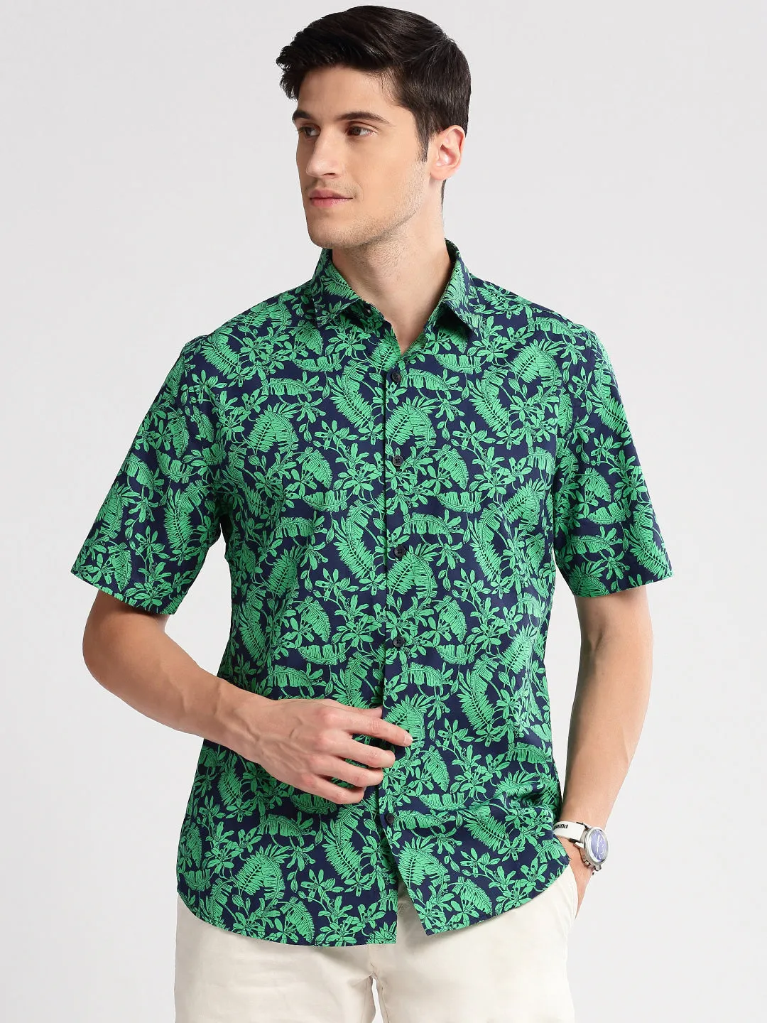 Men Spread Collar Floral Green Casual Shirt