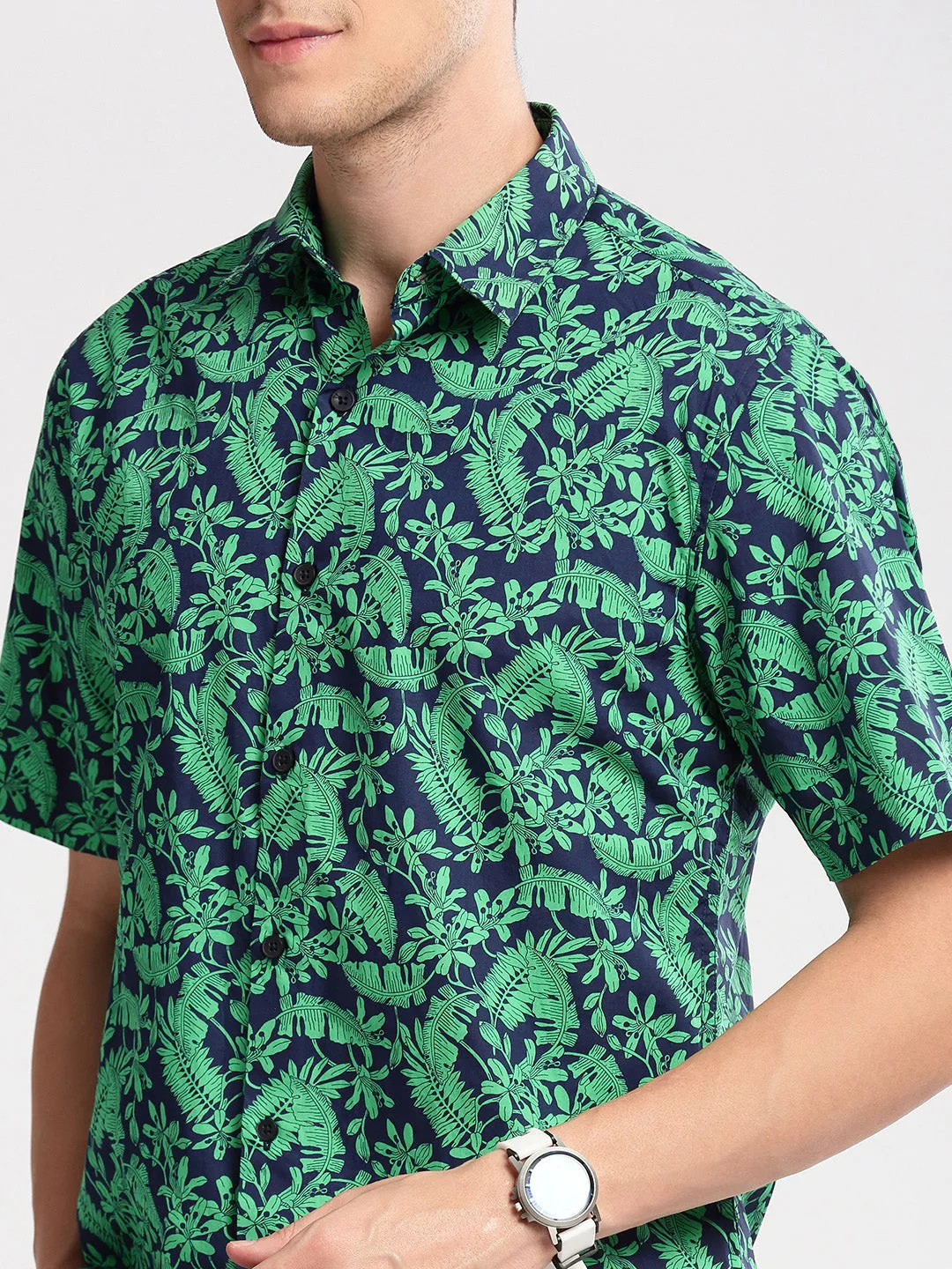 Men Spread Collar Floral Green Casual Shirt