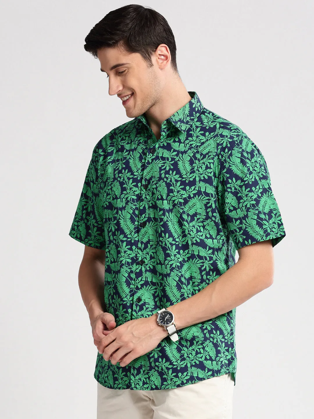 Men Spread Collar Floral Green Casual Shirt