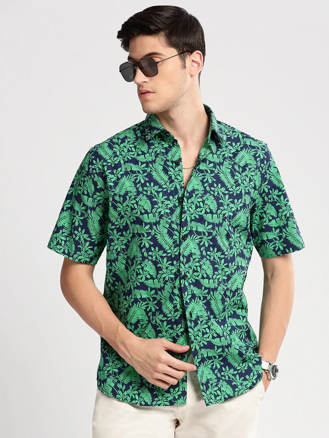 Men Spread Collar Floral Green Casual Shirt
