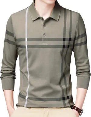 Mens Casual Striped Cotton Long Sleeve Collared T Shirt Polo Shirts
