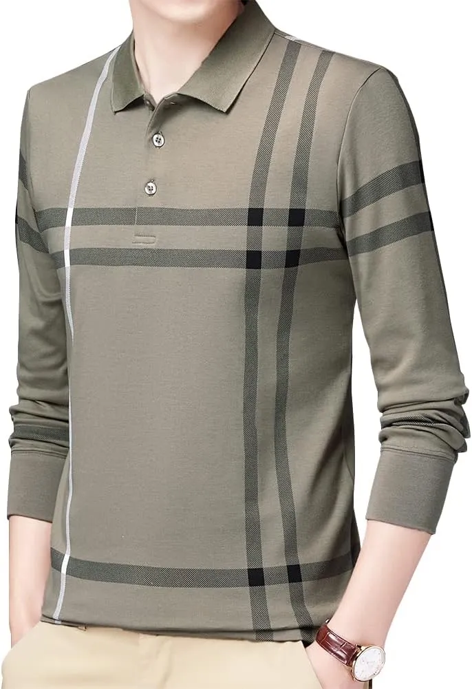 Mens Casual Striped Cotton Long Sleeve Collared T Shirt Polo Shirts