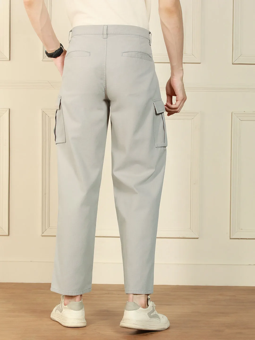 Men's Light Grey Relaxed Fit Solid Cotton Lycra Stretchable Trousers