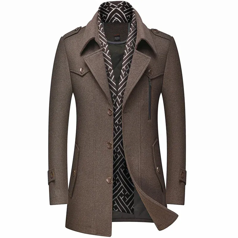 Men's Winter Woolen Trench Coat - Thick Mid-Length Outerwear with Turn-Down Collar for Business Casual Style
