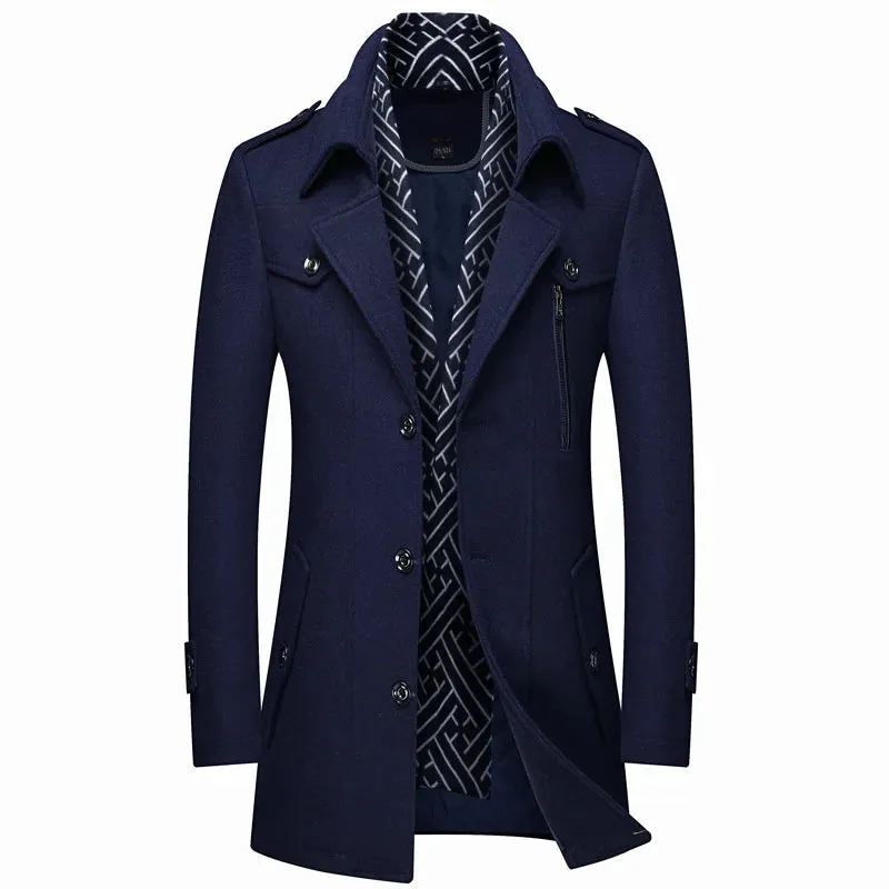 Men's Winter Woolen Trench Coat - Thick Mid-Length Outerwear with Turn-Down Collar for Business Casual Style