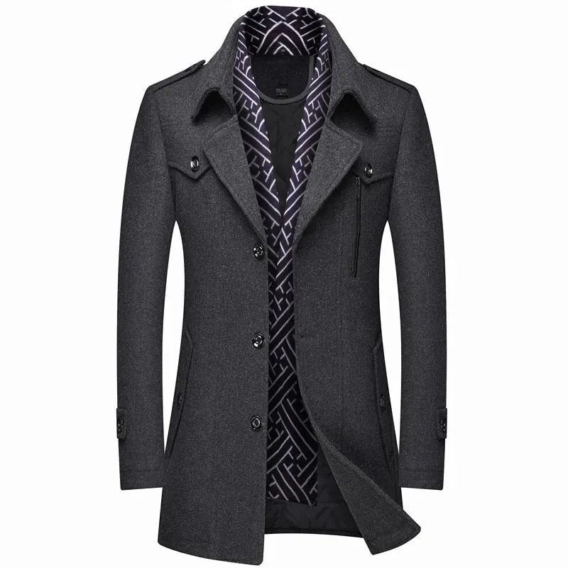 Men's Winter Woolen Trench Coat - Thick Mid-Length Outerwear with Turn-Down Collar for Business Casual Style