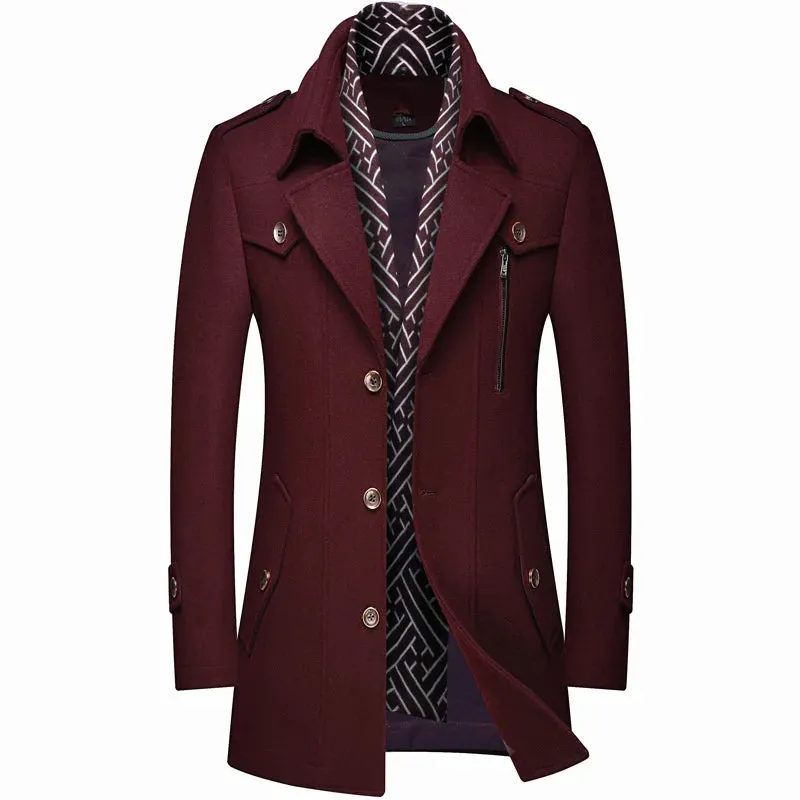 Men's Winter Woolen Trench Coat - Thick Mid-Length Outerwear with Turn-Down Collar for Business Casual Style