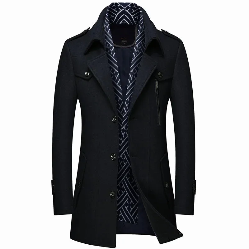 Men's Winter Woolen Trench Coat - Thick Mid-Length Outerwear with Turn-Down Collar for Business Casual Style