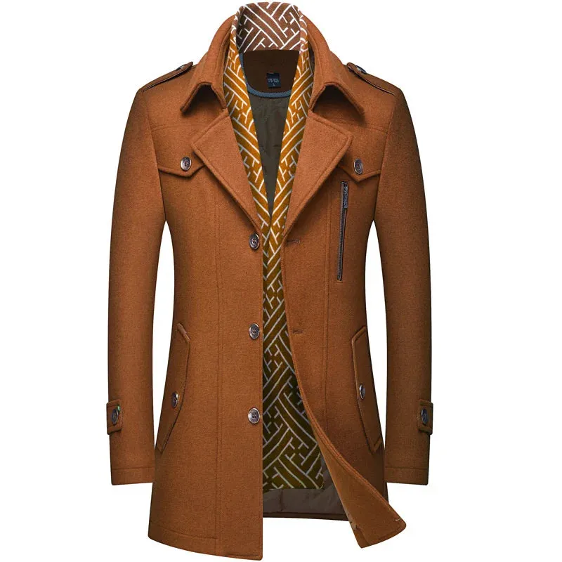 Men's Winter Woolen Trench Coat - Thick Mid-Length Outerwear with Turn-Down Collar for Business Casual Style