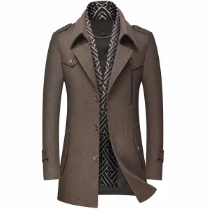 Men's Winter Woolen Trench Coat - Thick Mid-Length Outerwear with Turn-Down Collar for Business Casual Style