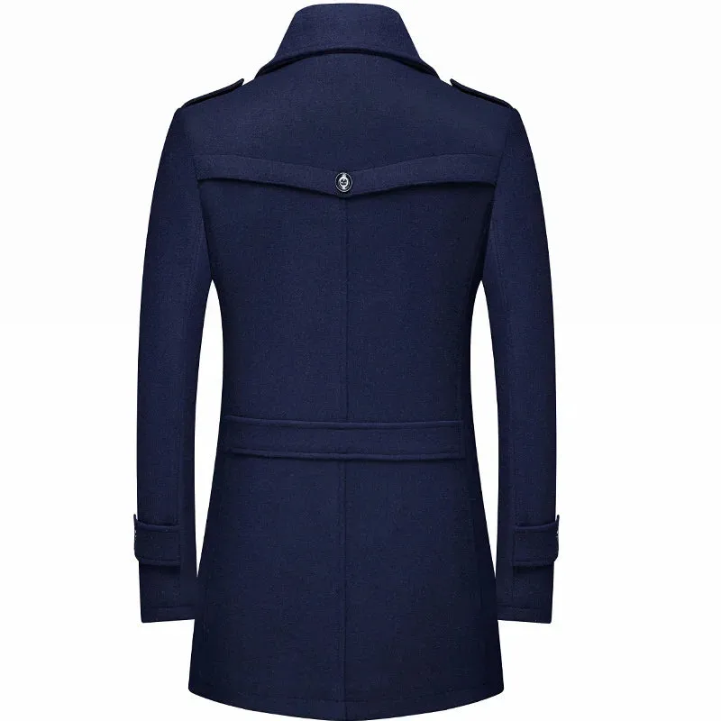 Men's Winter Woolen Trench Coat - Thick Mid-Length Outerwear with Turn-Down Collar for Business Casual Style