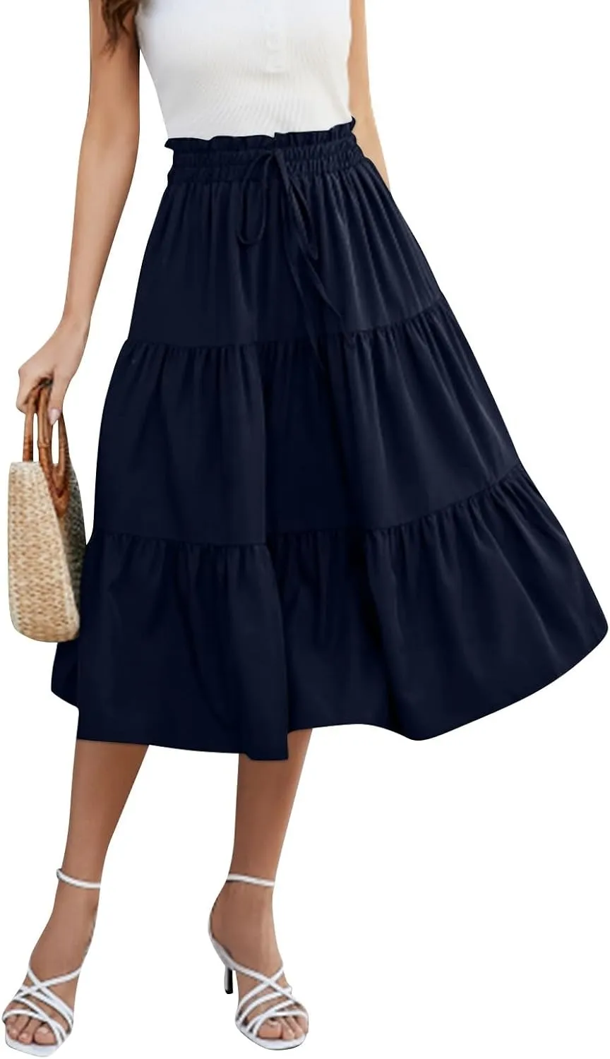 Midi Skirt for Women Summer Tiered Drawstring High Waisted Knee Length Skirt Pleated Aline Elegant Solid Color Skirt