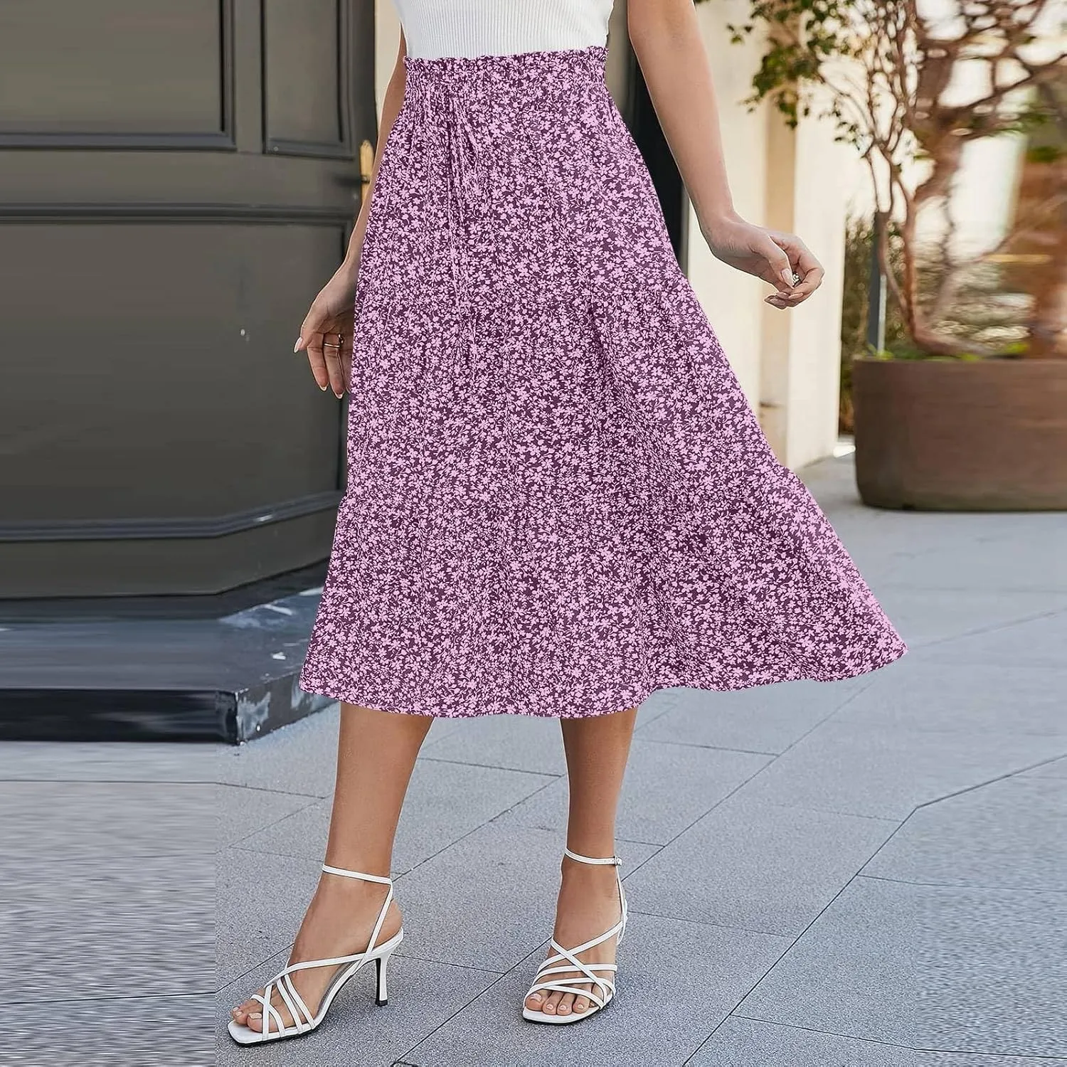 Midi Skirt for Women Summer Tiered Drawstring High Waisted Knee Length Skirt Pleated Aline Elegant Solid Color Skirt
