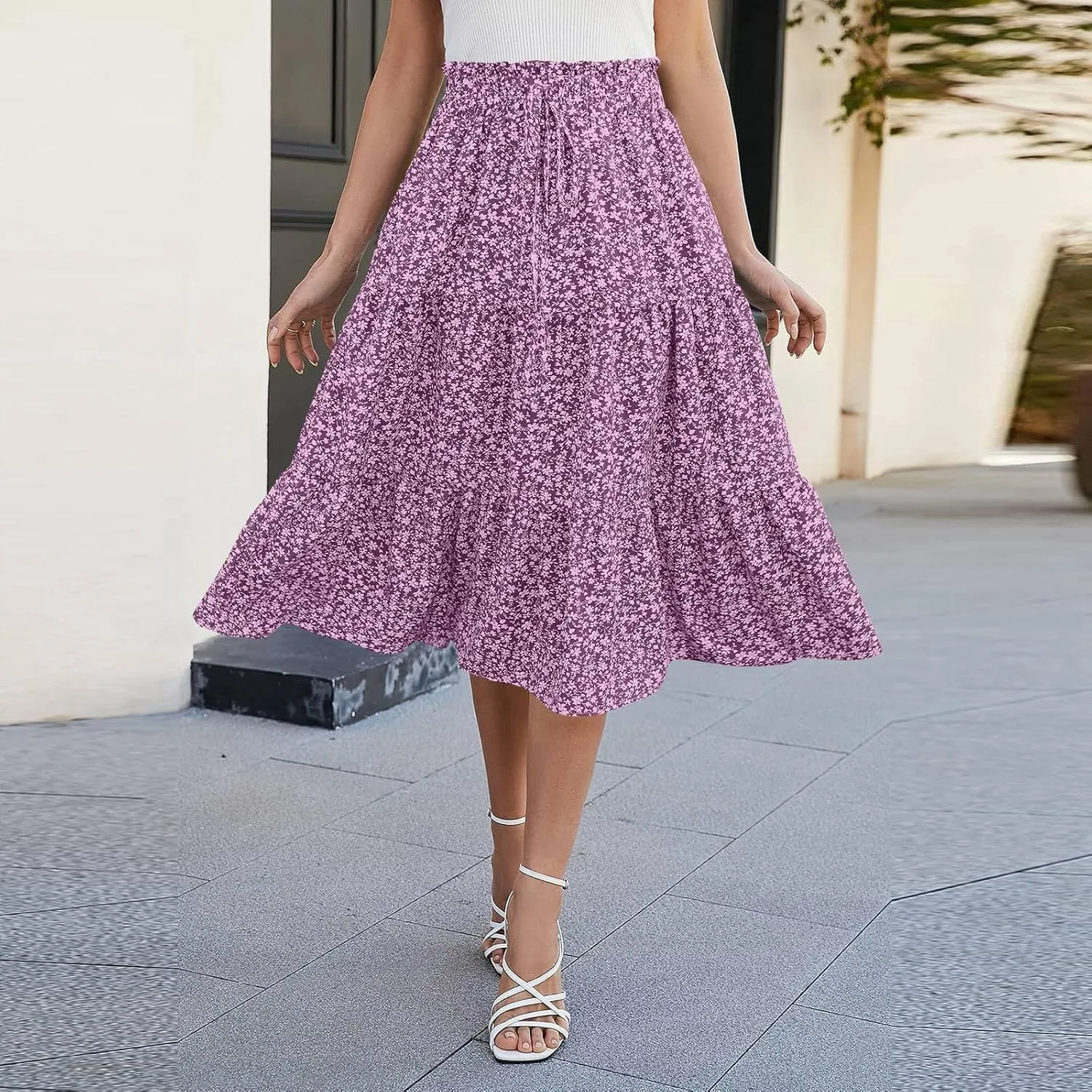 Midi Skirt for Women Summer Tiered Drawstring High Waisted Knee Length Skirt Pleated Aline Elegant Solid Color Skirt