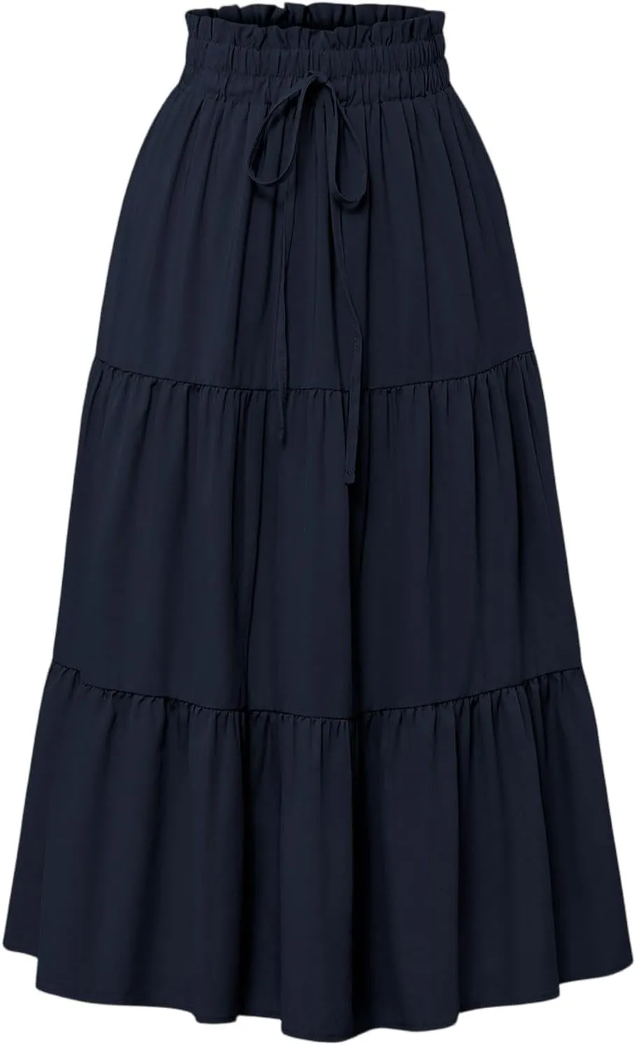Midi Skirt for Women Summer Tiered Drawstring High Waisted Knee Length Skirt Pleated Aline Elegant Solid Color Skirt