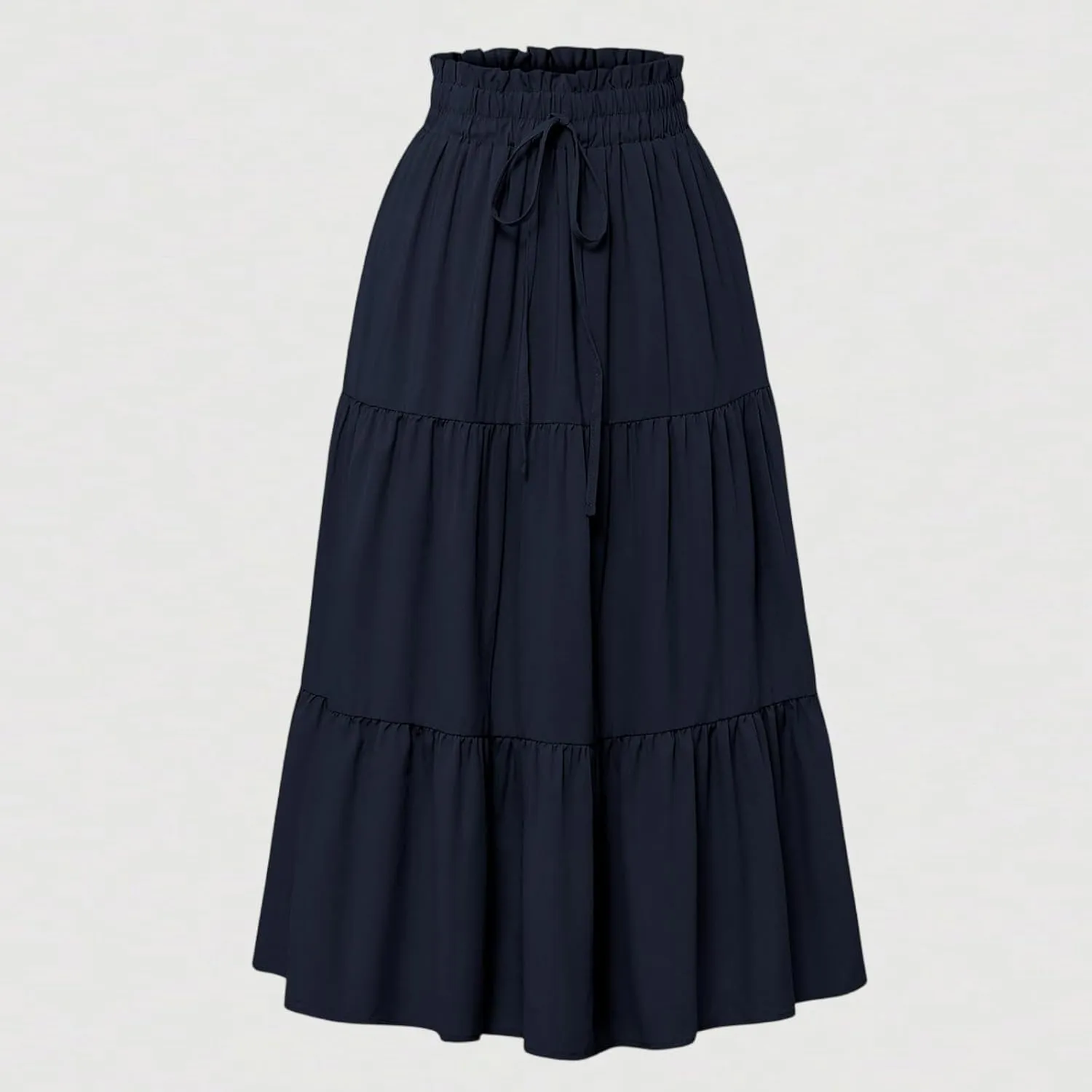 Midi Skirt for Women Summer Tiered Drawstring High Waisted Knee Length Skirt Pleated Aline Elegant Solid Color Skirt