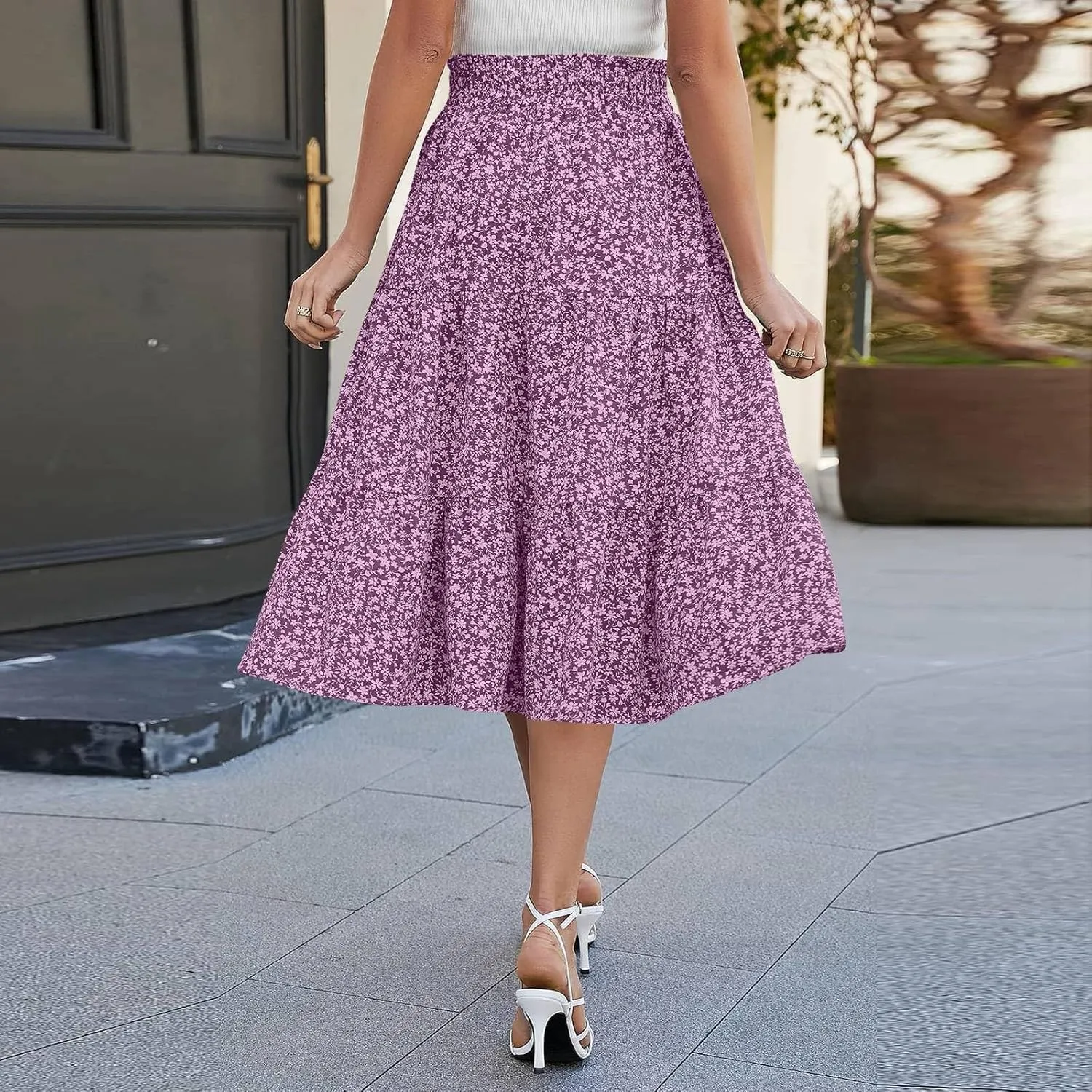 Midi Skirt for Women Summer Tiered Drawstring High Waisted Knee Length Skirt Pleated Aline Elegant Solid Color Skirt