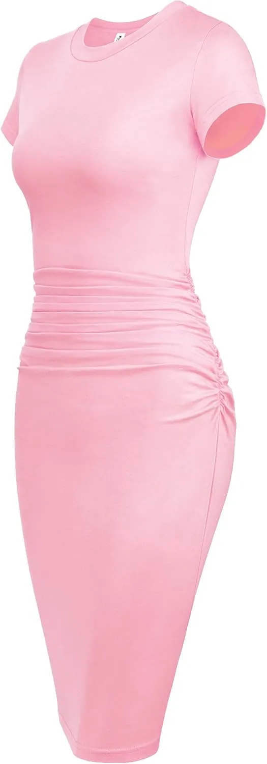 Missufeintl Women's Bodycon Ruched Short Sleeve T Shirt Midi Sundress Fitted Casual Dress