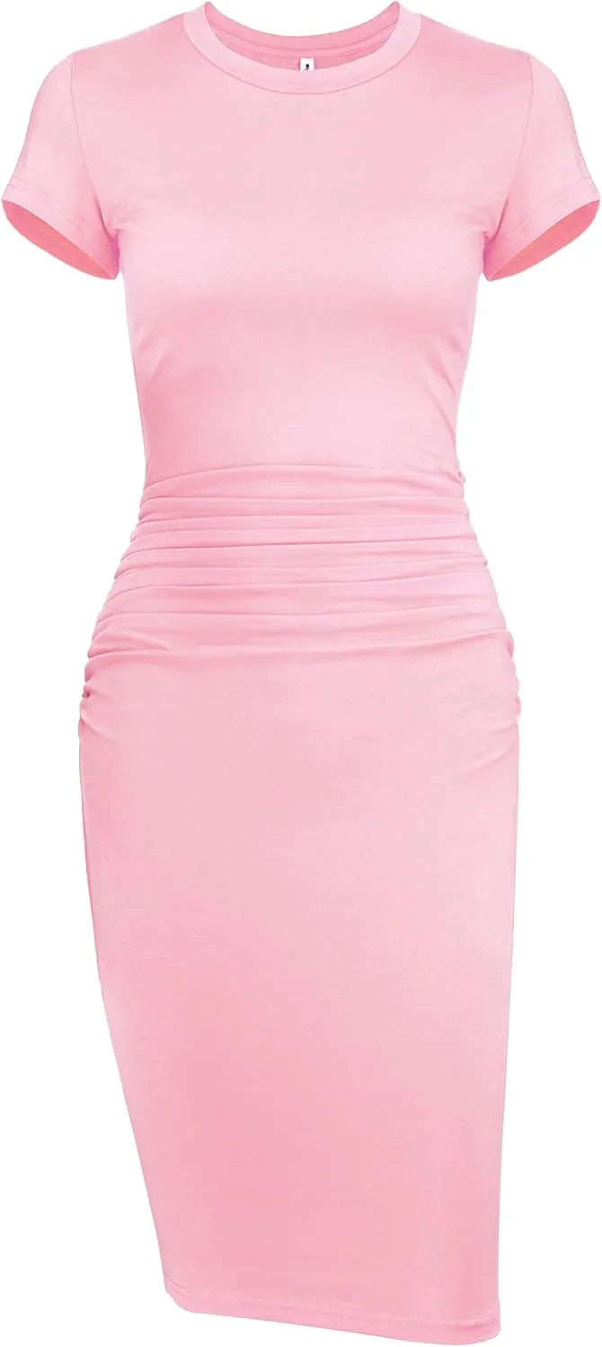 Missufeintl Women's Bodycon Ruched Short Sleeve T Shirt Midi Sundress Fitted Casual Dress