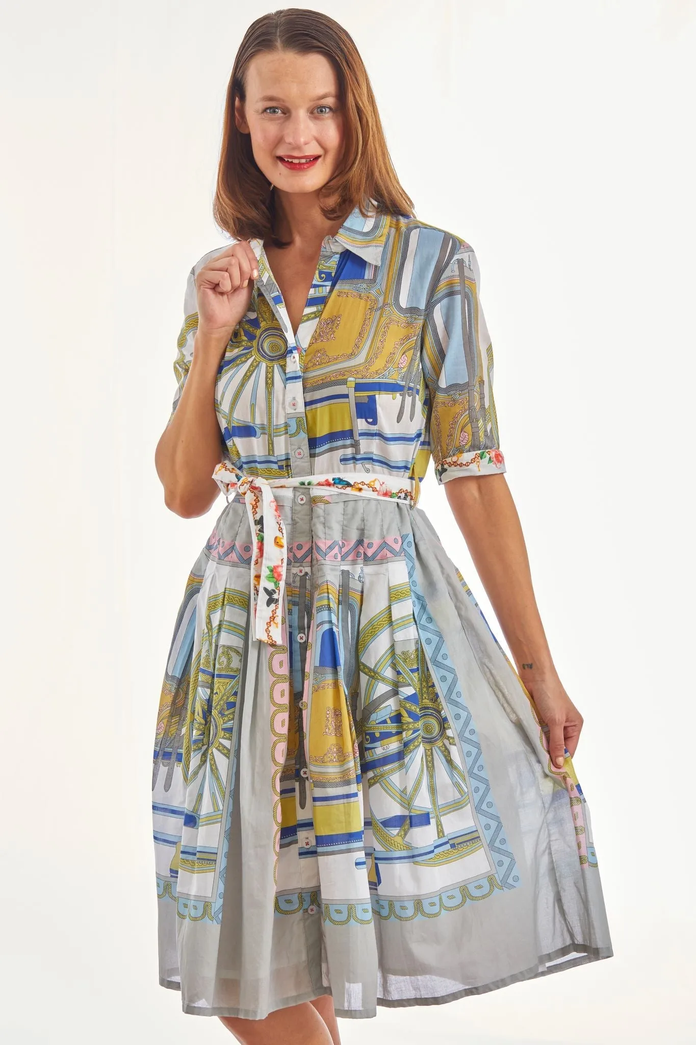 Mrs Maisel Dress - Wheel Print Navy Grey