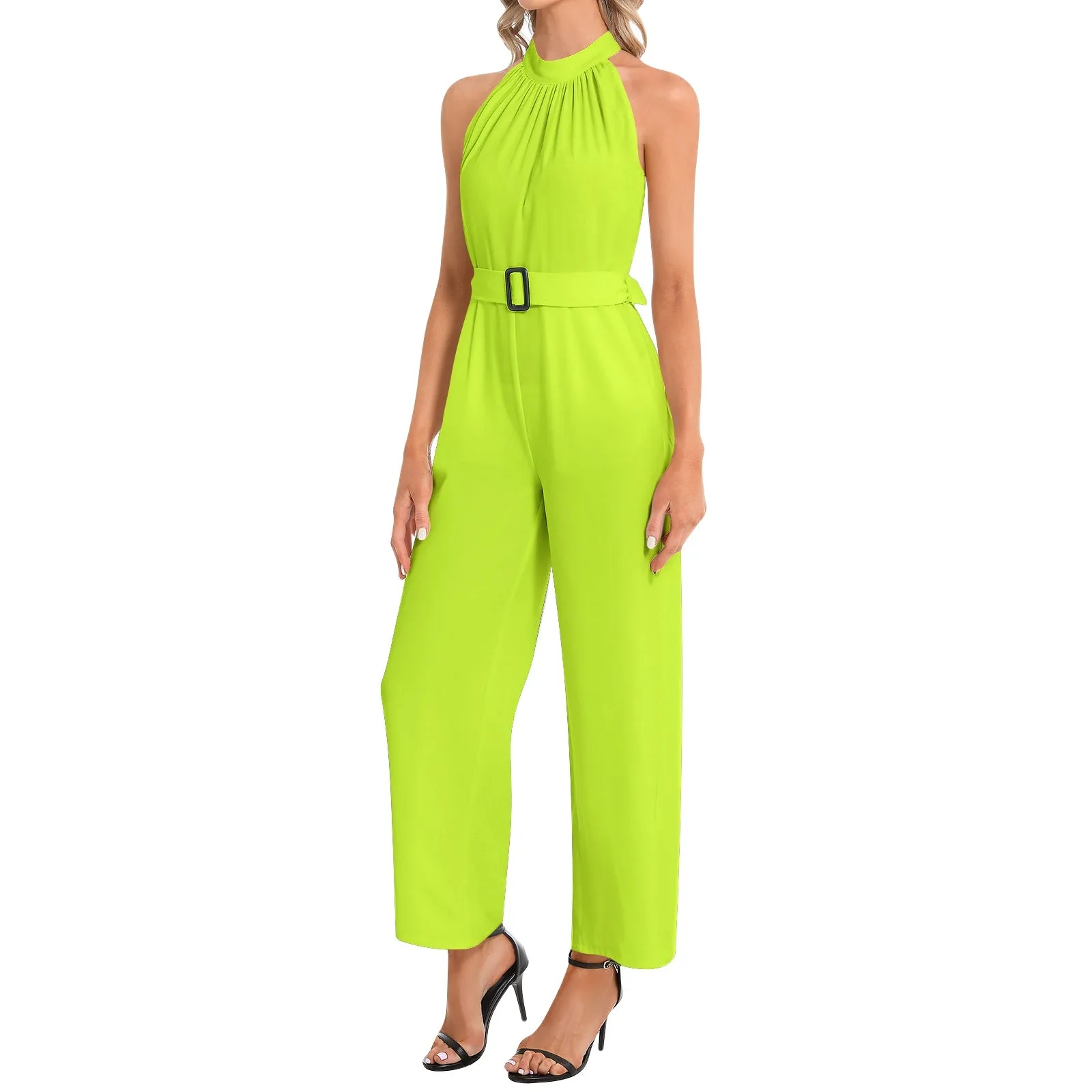 Neon Green Halter Neck Buckle Belted Jumpsuit