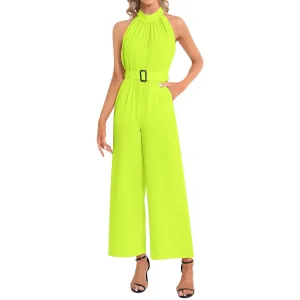Neon Green Halter Neck Buckle Belted Jumpsuit